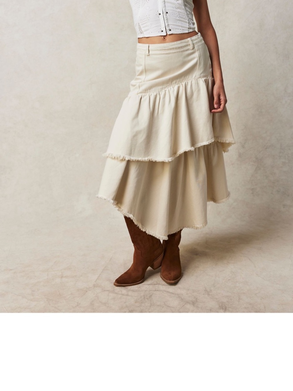 We The Free Cream Tiered Denim Ruffle Skirt